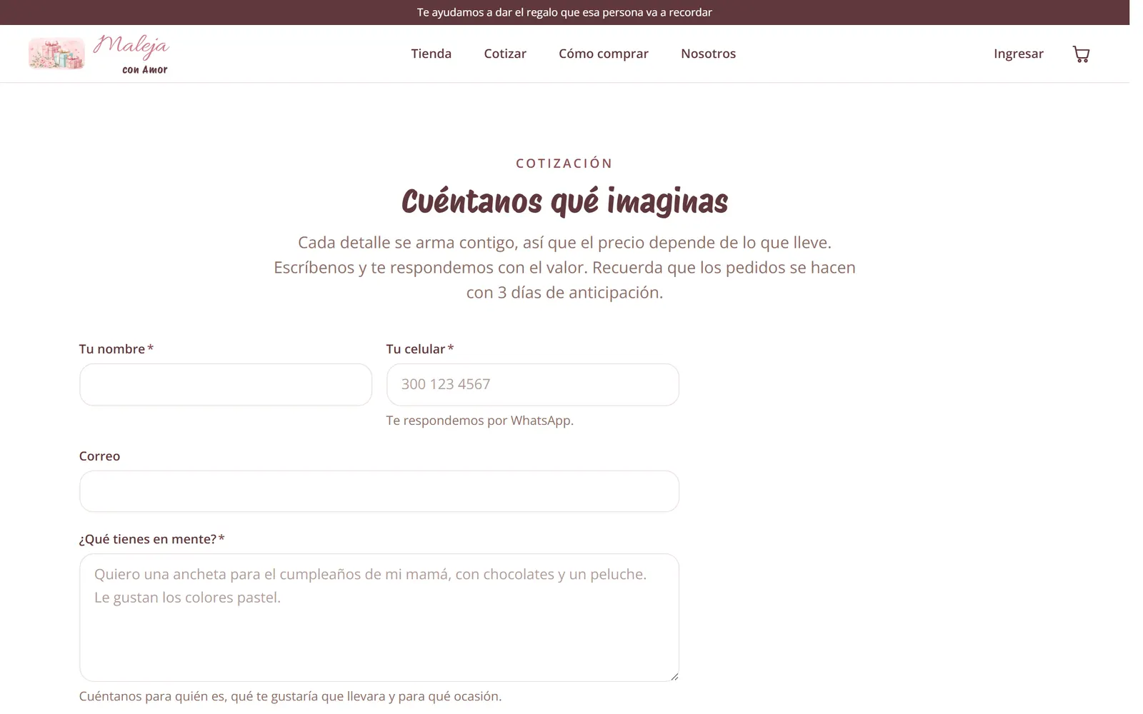 Formulario de cotización con campos de nombre, celular, correo e idea del regalo