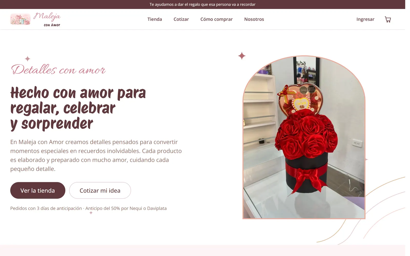 Portada de la tienda de Maleja con Amor, con el eslogan y una foto de un ramo de rosas en caja