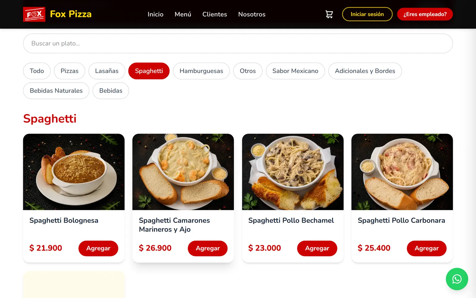 Menú de Fox Pizza con los filtros por categoría y la de Spaghetti activa